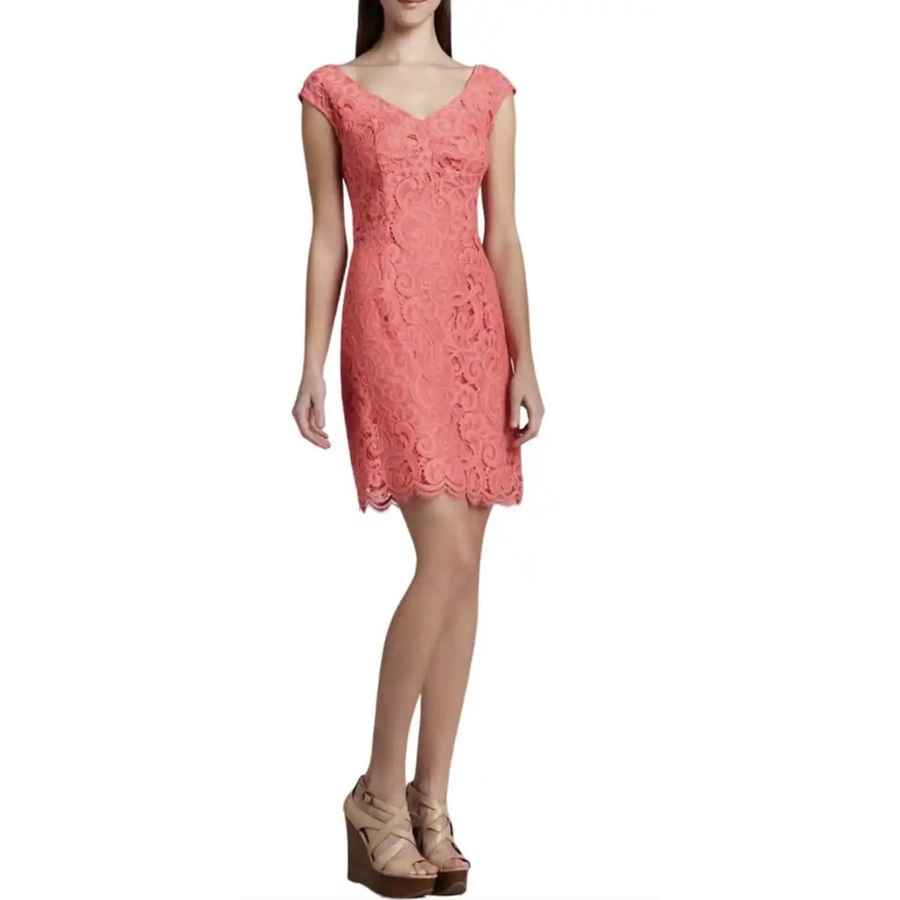 Lilly Pulitzer Rosaline Dress XS 2 Pink Orange Lace V Neck Cap Sleeve Pencil
